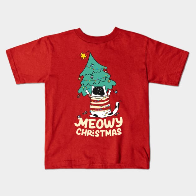 Funny Meowy Christmas Tuxedo Cat Xmas Tree Kids T-Shirt by Fitastic